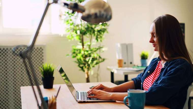 Mujer trabajando con una notebook en un escritorio con una planta