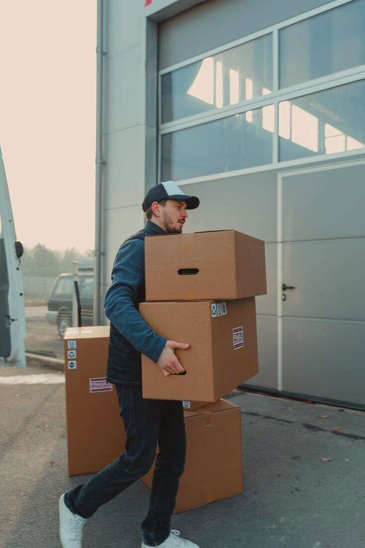 Empleado joven llevando varias cajas de cartón frente a un portón