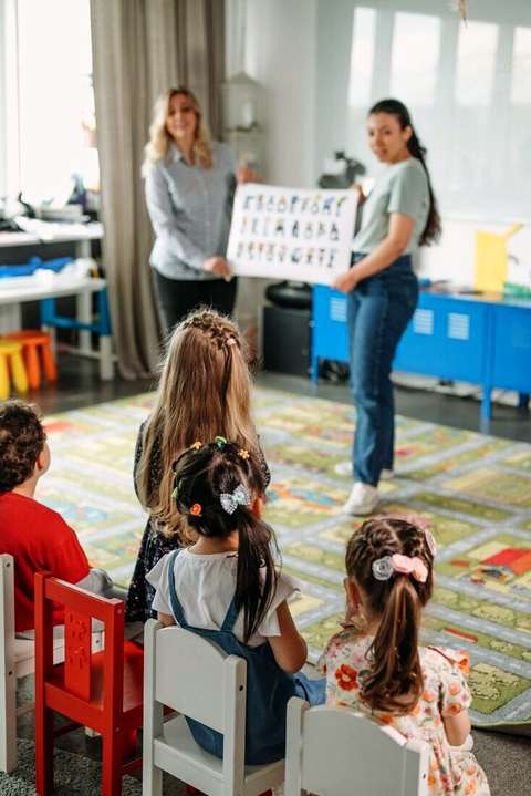 Dos docentes mostrando un cartel con letras a niños sentados, vistos de espaldas