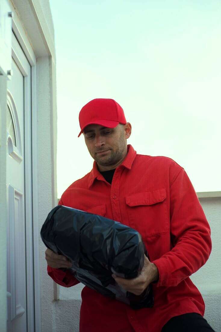 Repartidor con campera roja y gorra llevando un paquete