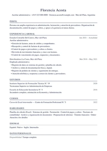 Ejemplo de CV de auxiliar administrativa con experiencia en un estudio contable, hecho con CV Amigo. Datos inventados.
