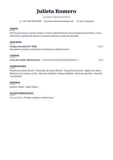 Ejemplo de CV de auxiliar administrativa sin experiencia, con secundario y un curso, hecho con CV Amigo. Datos inventados.