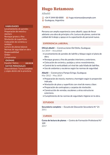 Ejemplo de CV de oficial albañil con más de diez años de experiencia en obras, hecho con CV Amigo. Datos inventados.