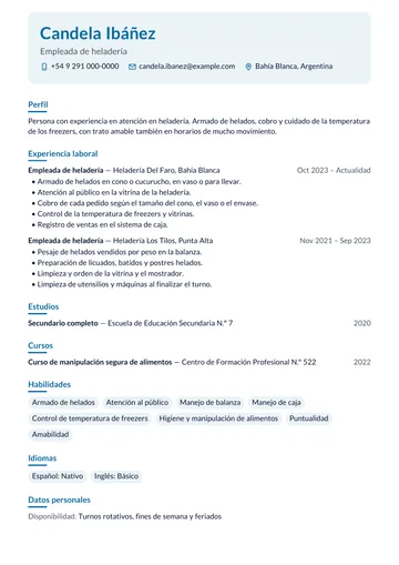 Ejemplo de CV argentino de una empleada de heladería de Bahía Blanca, hecho con CV Amigo. Datos inventados.