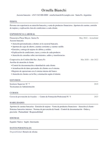 Ejemplo de CV de asesora bancaria con el diseño Harvard, hecho con CV Amigo. Datos inventados.