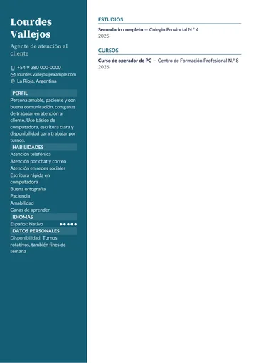 Ejemplo de CV de atención al cliente sin experiencia, con secundario y un curso, hecho con CV Amigo. Datos inventados.