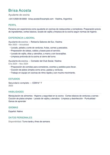 Ejemplo de CV de ayudante de cocina con poca experiencia en rotisería y comedor, hecho con CV Amigo. Datos inventados.