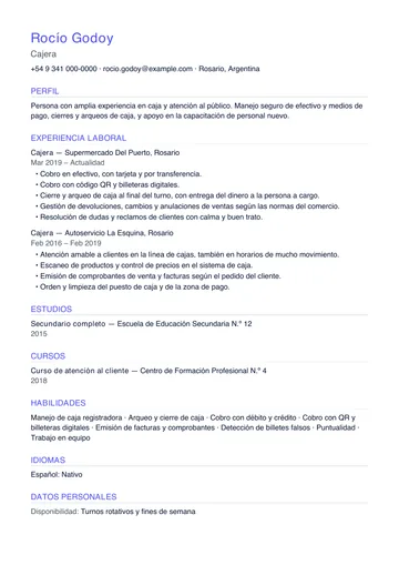 Ejemplo de CV de cajera de supermercado con experiencia, hecho con CV Amigo. Datos inventados.