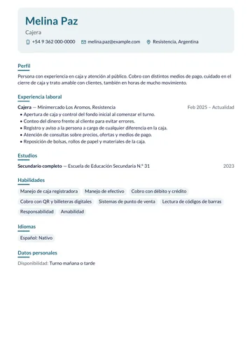 Ejemplo de CV de cajera con poca experiencia en un minimercado, hecho con CV Amigo. Datos inventados.