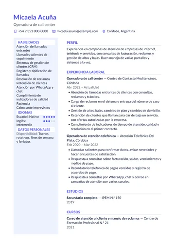 Ejemplo de CV para call center con experiencia en llamadas entrantes y salientes, hecho con CV Amigo. Datos inventados.