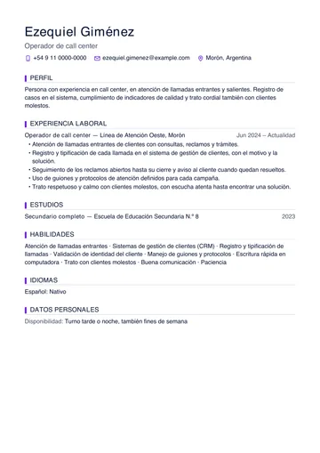 Ejemplo de CV para call center con un solo trabajo anterior, hecho con CV Amigo. Datos inventados.