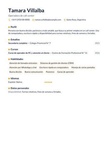 Ejemplo de CV para call center sin experiencia, con secundario y un curso de computación, hecho con CV Amigo. Datos inventados.