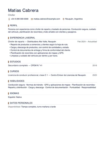 Ejemplo de CV de chofer de reparto con un solo trabajo anterior, hecho con CV Amigo. Datos inventados.