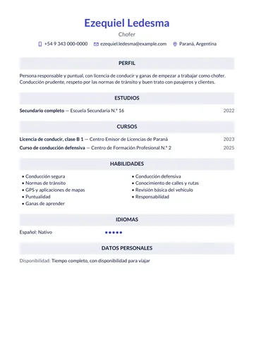 Ejemplo de CV de chofer sin experiencia, con licencia de conducir y un curso, hecho con CV Amigo. Datos inventados.