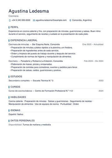Ejemplo de CV de cocinera con poca experiencia en cocina de minutas, hecho con CV Amigo. Datos inventados.