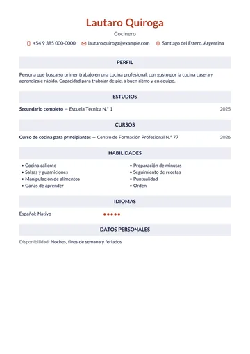 Ejemplo de CV de cocinero sin experiencia, con secundario y un curso de cocina, hecho con CV Amigo. Datos inventados.