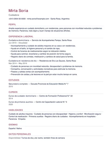 Ejemplo de CV de cuidadora de adultos mayores con experiencia domiciliaria y en residencia, hecho con CV Amigo. Datos inventados.