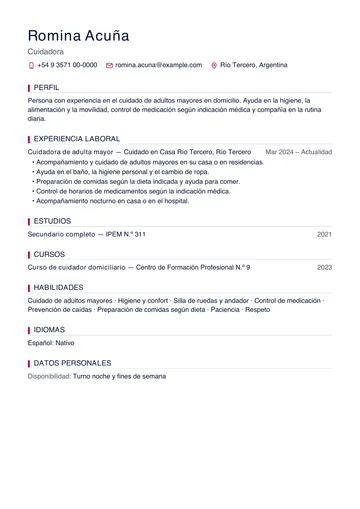 Ejemplo de CV de cuidadora de adultos mayores con un solo trabajo y un curso, hecho con CV Amigo. Datos inventados.