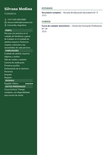 Ejemplo de CV de cuidadora sin experiencia, con un curso y práctica cuidando a su abuela, hecho con CV Amigo. Datos inventados.