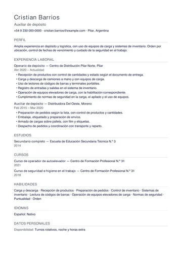 Ejemplo de CV de operario de depósito con experiencia en un centro de distribución, hecho con CV Amigo. Datos inventados.