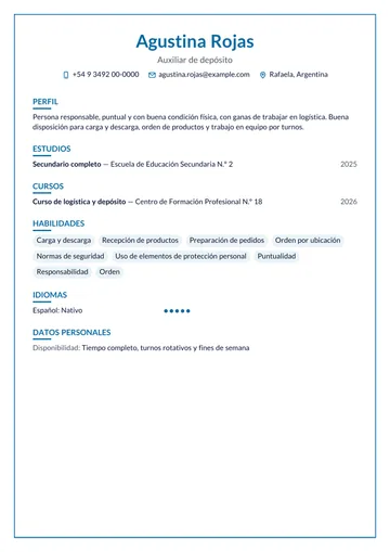 Ejemplo de CV de depósito sin experiencia, con secundario completo y un curso de logística, hecho con CV Amigo. Datos inventados.