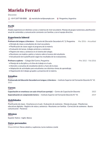 Ejemplo de CV de profesora de secundaria con experiencia en Lengua y Literatura, hecho con CV Amigo. Datos inventados.