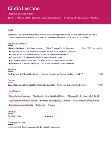 Ejemplo de CV de maestra jardinera de nivel inicial con un cargo, hecho con CV Amigo. Datos inventados.