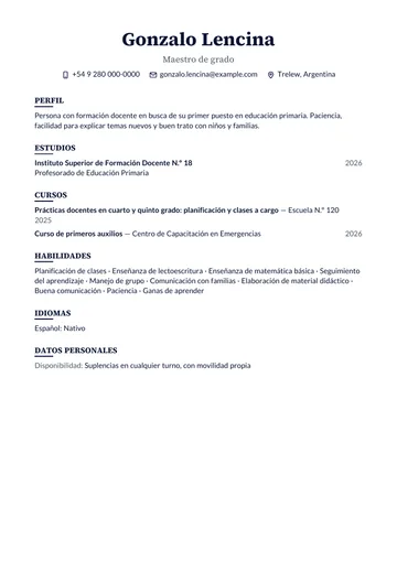 Ejemplo de CV de maestro de grado recién recibido, con prácticas y un curso, hecho con CV Amigo. Datos inventados.