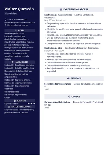 Ejemplo de CV de electricista con más de diez años en obras y mantenimiento, hecho con CV Amigo. Datos inventados.