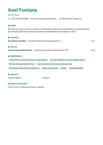 Ejemplo de CV de electricista sin experiencia, con secundario completo y un curso de electricidad, hecho con CV Amigo. Datos inventados.