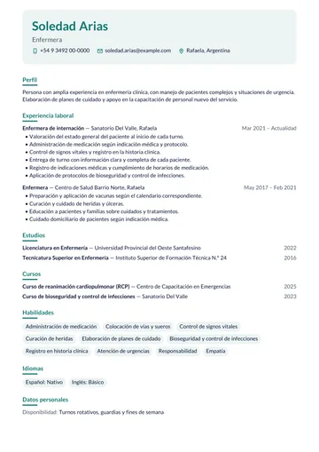 Ejemplo de CV de enfermera licenciada con experiencia en internación, hecho con CV Amigo. Datos inventados.