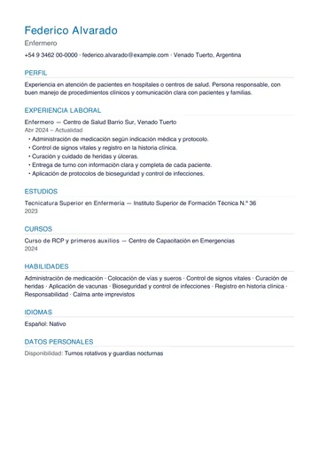 Ejemplo de CV de enfermero técnico con un solo trabajo anterior, hecho con CV Amigo. Datos inventados.