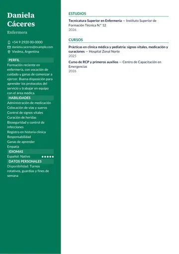 Ejemplo de CV de enfermera recién egresada sin experiencia, con prácticas y un curso, hecho con CV Amigo. Datos inventados.