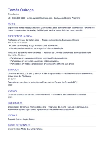 Ejemplo de CV de un estudiante universitario con clases particulares como experiencia, hecho con CV Amigo. Datos inventados.