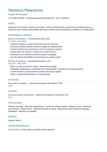 Ejemplo de CV de auxiliar de farmacia con experiencia en farmacias de barrio, hecho con CV Amigo. Datos inventados.