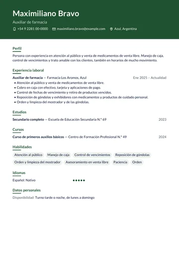 Ejemplo de CV de auxiliar de farmacia con un solo trabajo anterior y un curso, hecho con CV Amigo. Datos inventados.