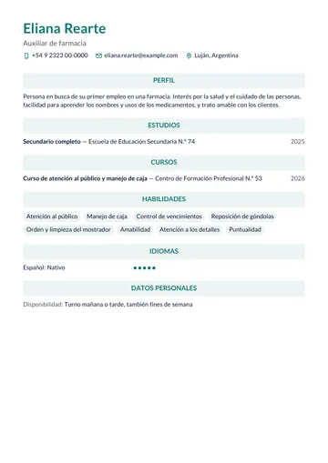 Ejemplo de CV de auxiliar de farmacia sin experiencia, con secundario y un curso de caja, hecho con CV Amigo. Datos inventados.