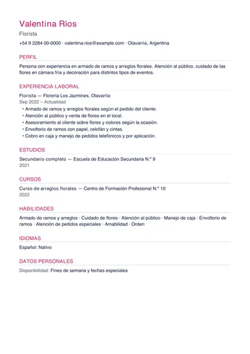 Ejemplo de CV de florista hecho desde el celular con CV Amigo, con un trabajo y un curso. Datos inventados.
