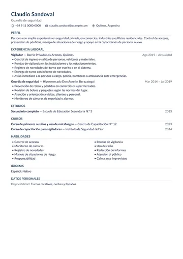 Ejemplo de CV de guardia de seguridad con experiencia en barrio privado e hipermercado, hecho con CV Amigo. Datos inventados.