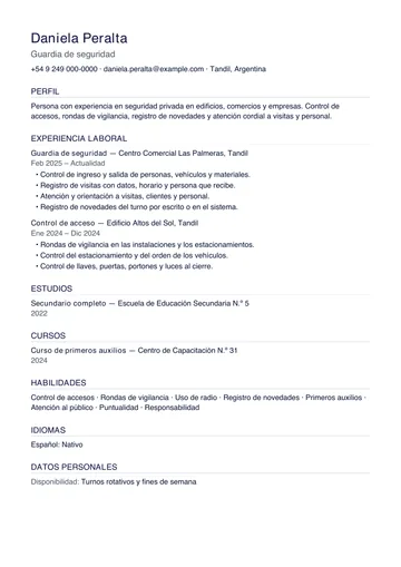 Ejemplo de CV de guardia de seguridad con poca experiencia en centro comercial y edificio, hecho con CV Amigo. Datos inventados.