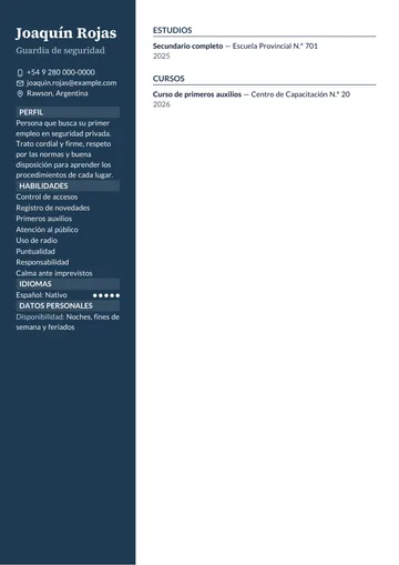 Ejemplo de CV de guardia de seguridad sin experiencia, con secundario y un curso de primeros auxilios, hecho con CV Amigo. Datos inventados.