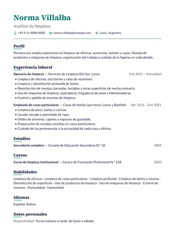 Ejemplo de CV de limpieza con experiencia en oficinas y casas particulares, hecho con CV Amigo. Datos inventados.