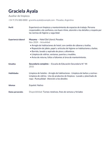 Ejemplo de CV de mucama de hotel con un solo trabajo anterior, hecho con CV Amigo. Datos inventados.