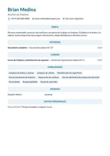 Ejemplo de CV de limpieza sin experiencia, con estudios y un curso, hecho con CV Amigo. Datos inventados.