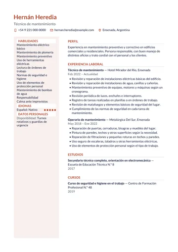 Ejemplo de CV de técnico de mantenimiento de edificios con experiencia, hecho con CV Amigo. Datos inventados.