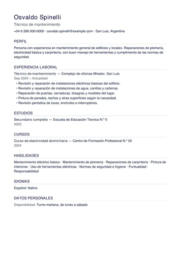 Ejemplo de CV de técnico de mantenimiento con un solo trabajo anterior, hecho con CV Amigo. Datos inventados.