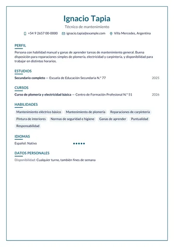 Ejemplo de CV de técnico de mantenimiento sin experiencia, con secundario y un curso de oficios, hecho con CV Amigo. Datos inventados.