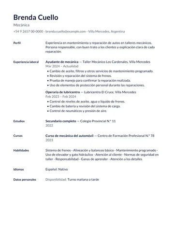 Ejemplo de CV de mecánica con poca experiencia, como ayudante en taller y en lubricentro, hecho con CV Amigo. Datos inventados.