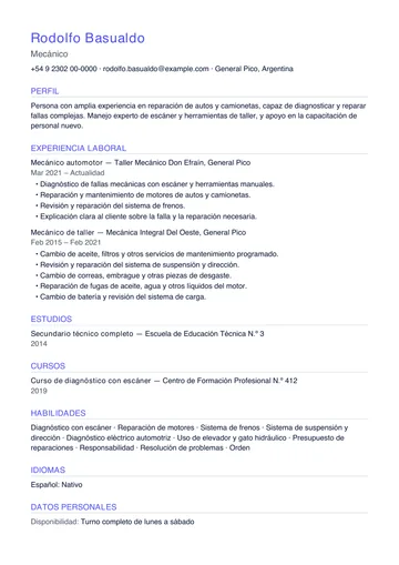 Ejemplo de CV de mecánico automotor con más de diez años de experiencia en talleres, hecho con CV Amigo. Datos inventados.
