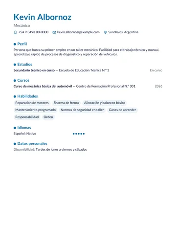 Ejemplo de CV de mecánico sin experiencia, con escuela técnica en curso y un curso de mecánica, hecho con CV Amigo. Datos inventados.